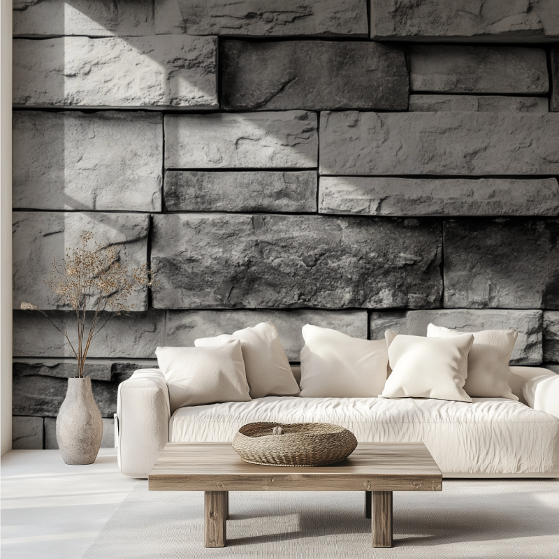 Papier peint trompe loeil gris canape tendance