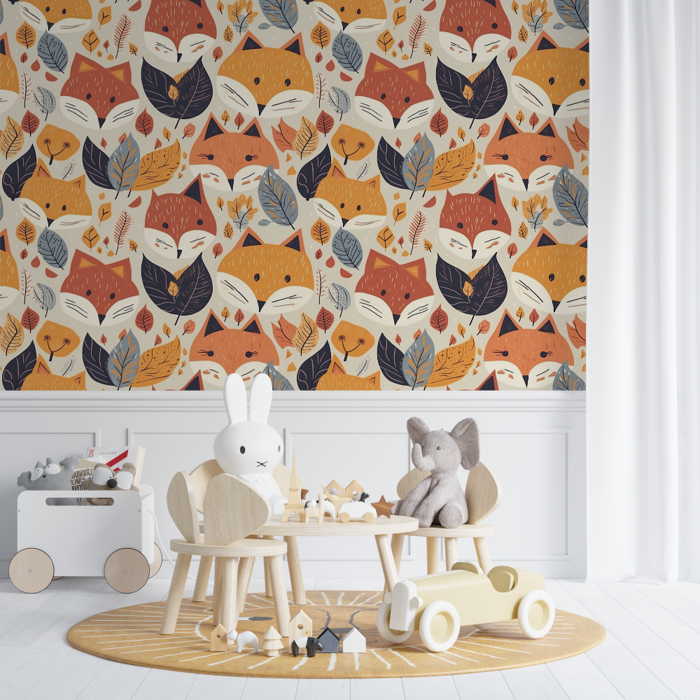 Papier peint renard et motifs colores chambre de bebe