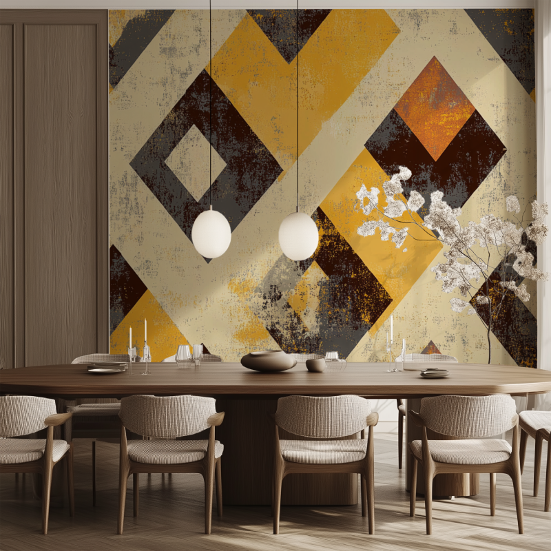 Papier peint vintage jaune geometrie salle manger tendance