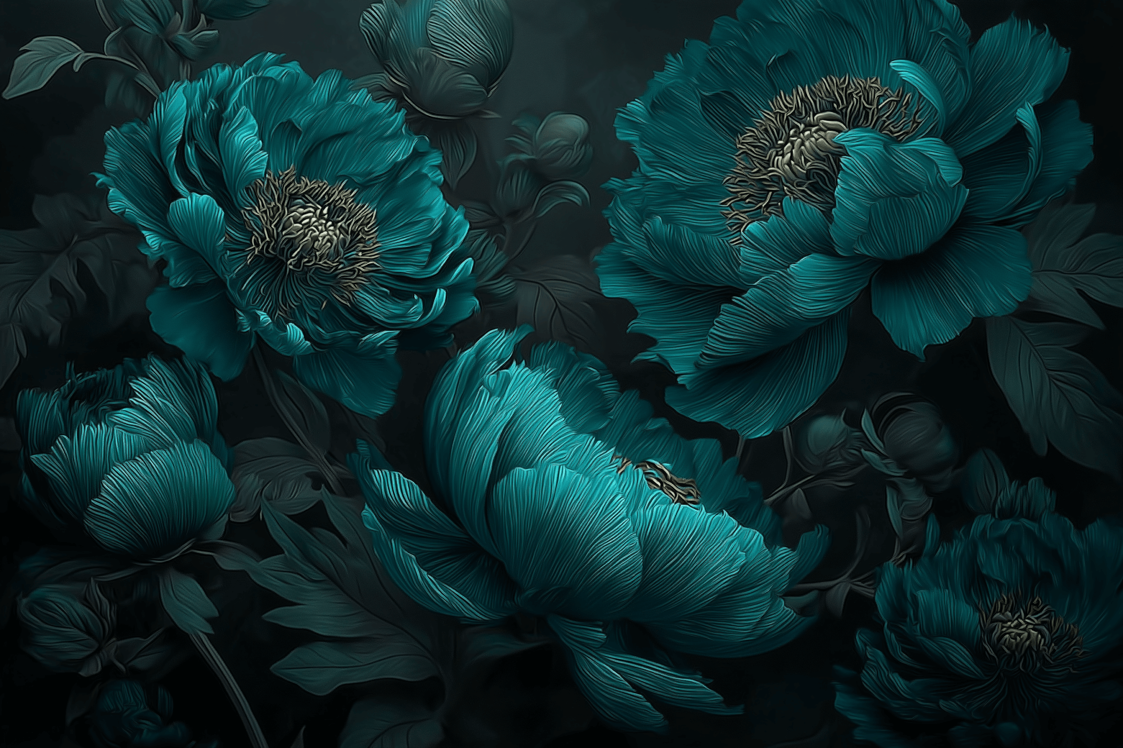 Beautiful Green Blue Flowers Mural Wallpaper