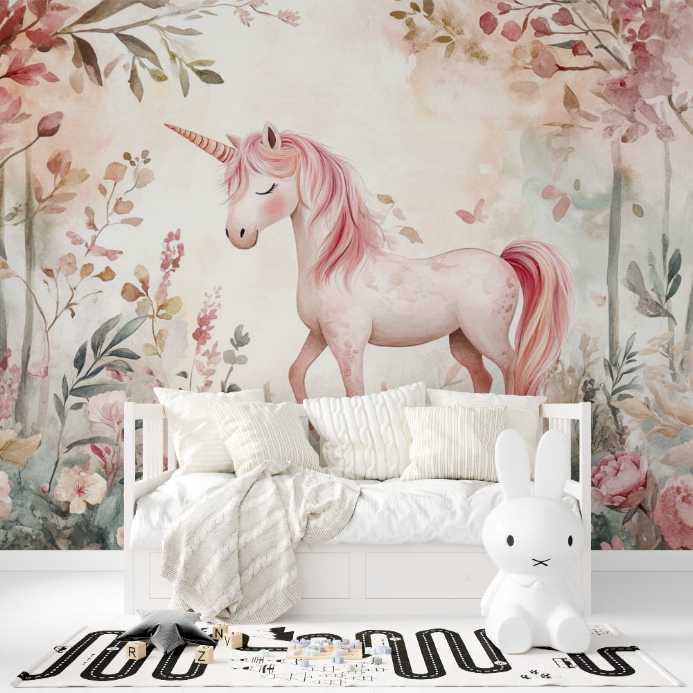 Papier peint licorne foret ball...oret rose tapisserie fille