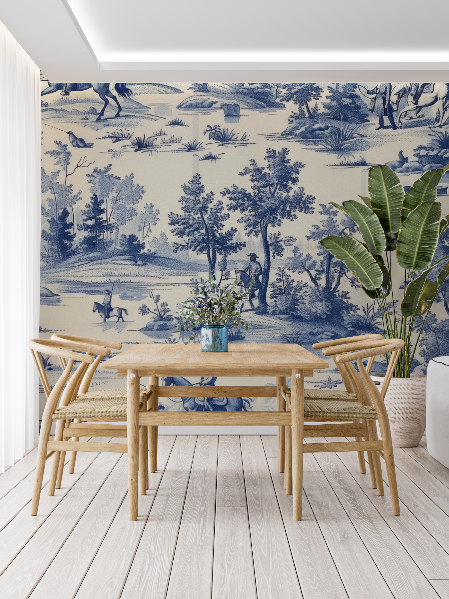 Papier Peint Toile De Jouy Dessin Bleu - panoramique tendance