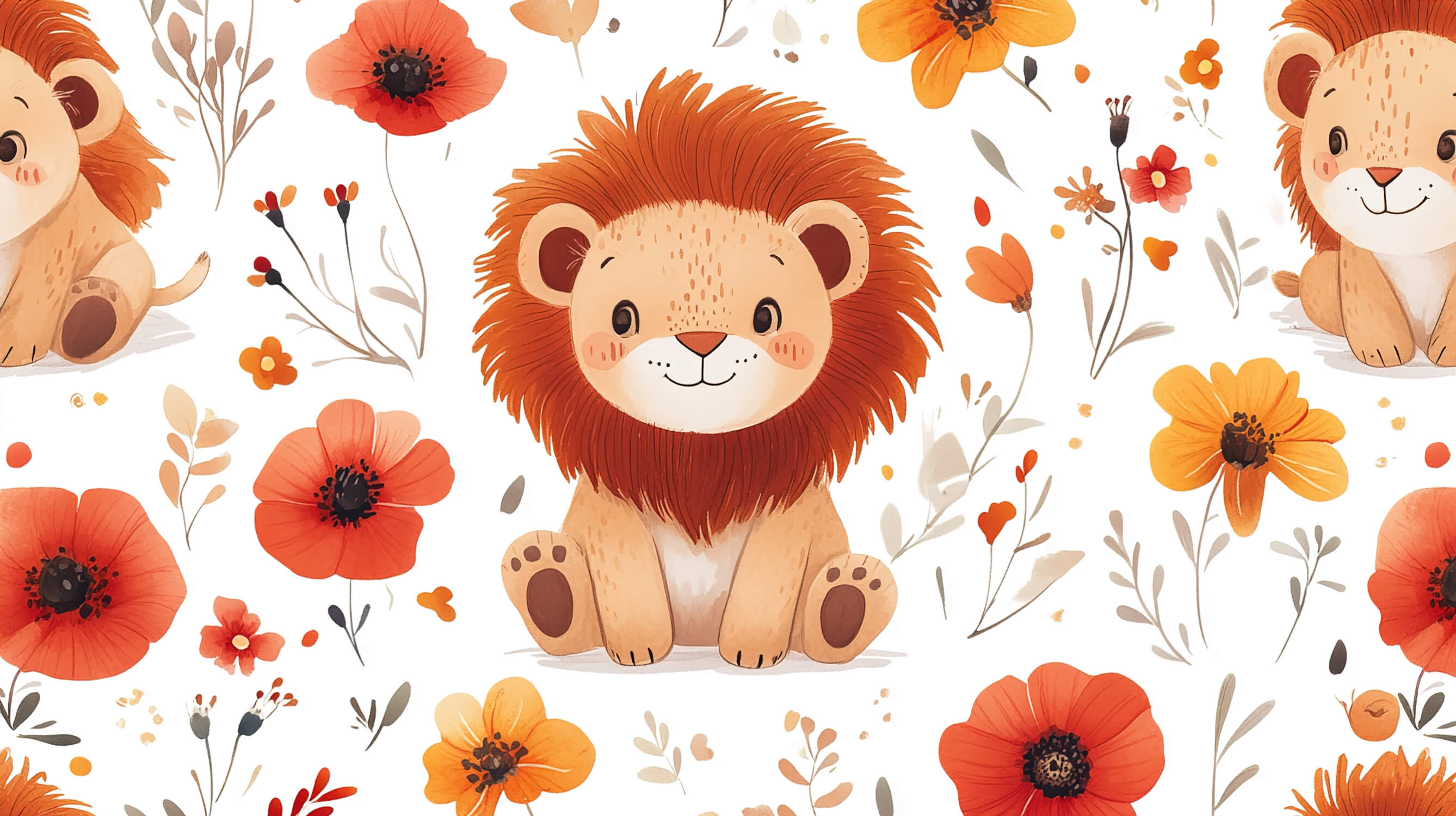 Papier Peint Lion Et Fleurs Sauvages
