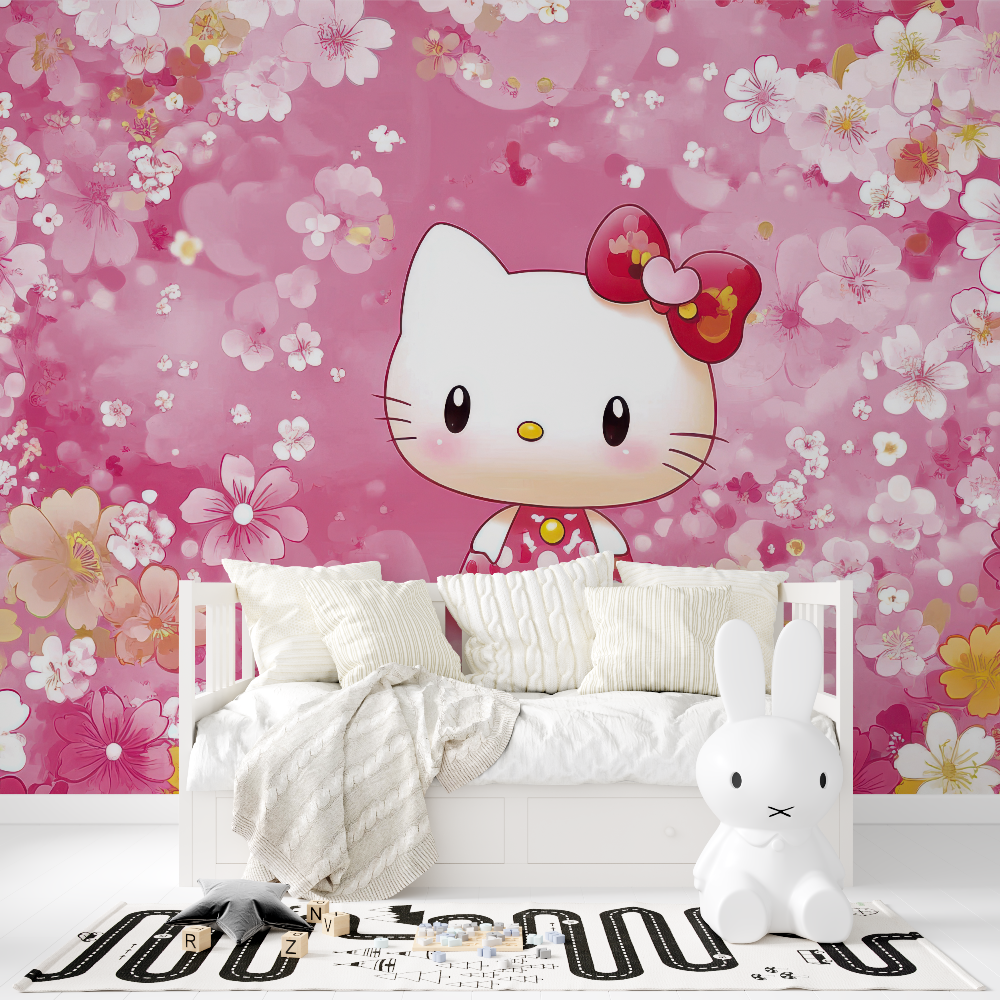 Papier peint hello kitty fleurs rose tapisserie fille