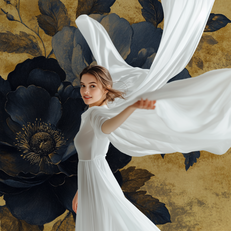 Papier peint noir moutarde bleu fleur vintage modele