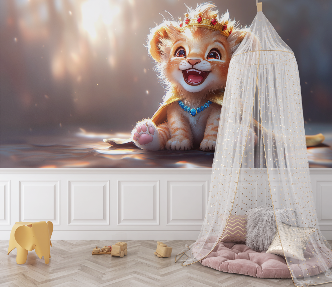 Papier peint lion et couronne de fleurs bebe