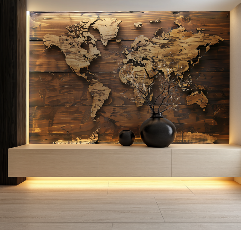 Papier peint carte du monde effet bois salon neon