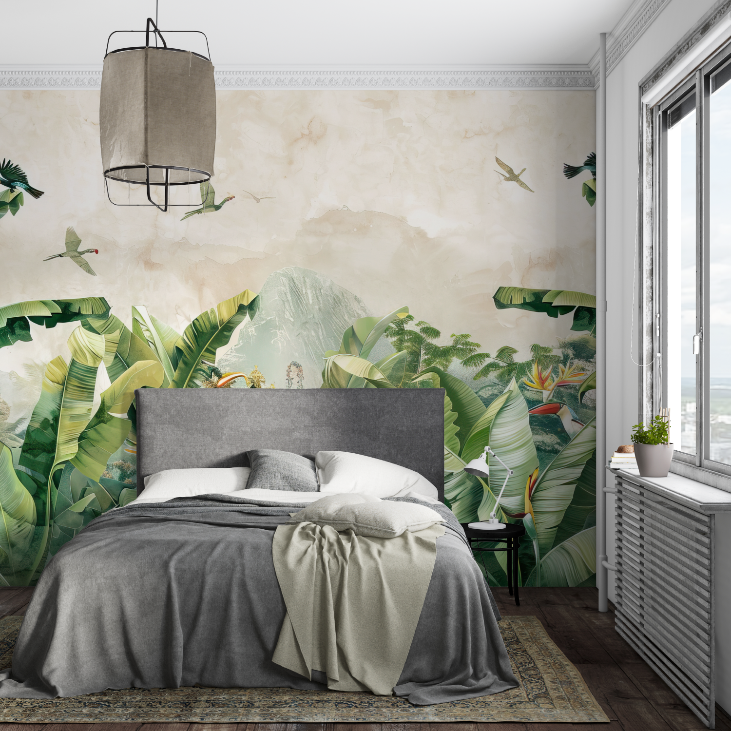 Papier peint aquarelle ambiance tropicale mural