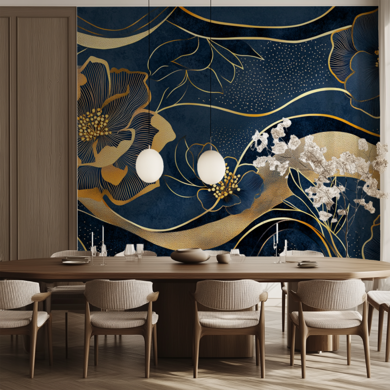 Papier peint fleur graphique deco bleu salle manger tendance