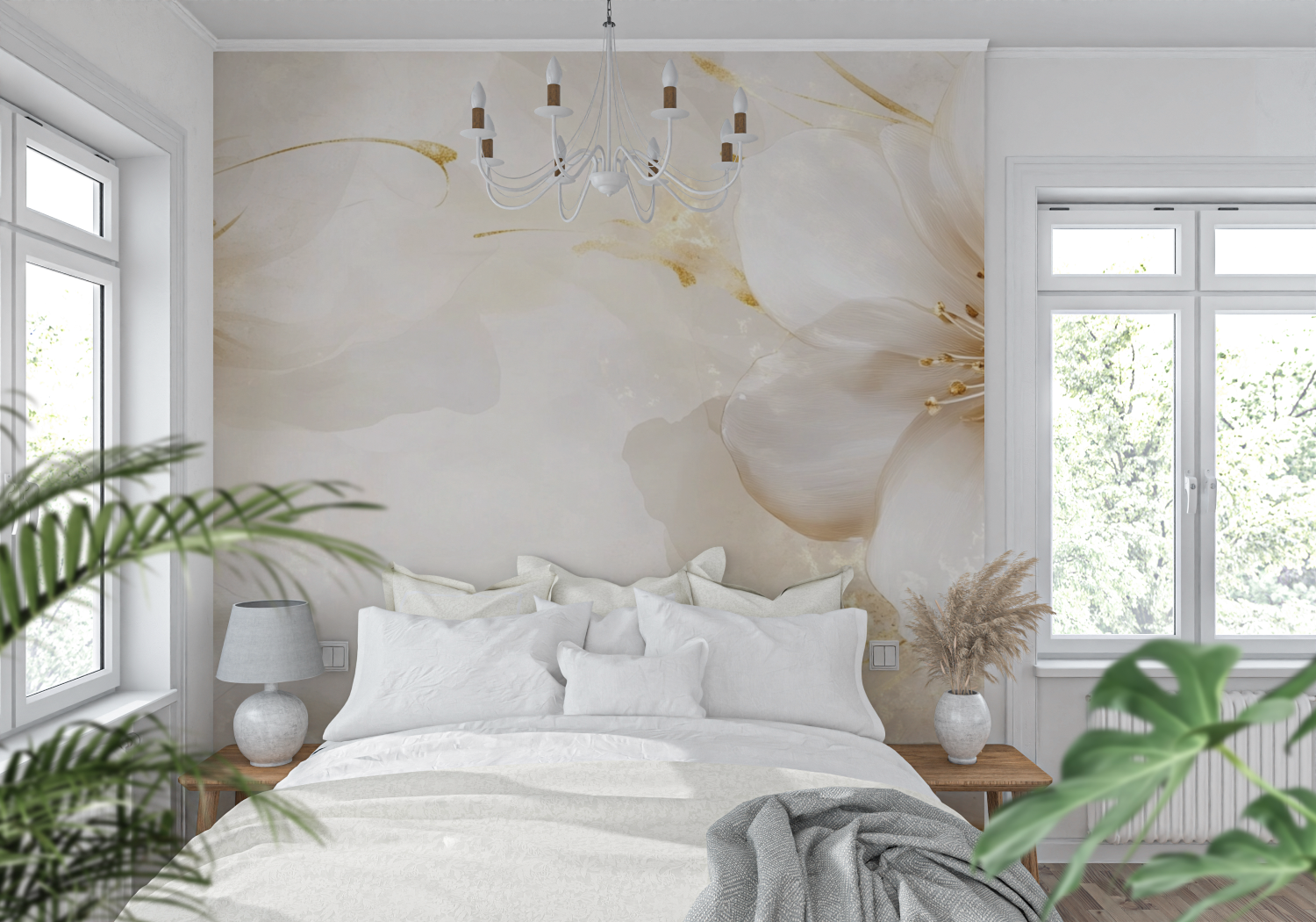 Papier peint fleurs transparences beige et dore tendance mur