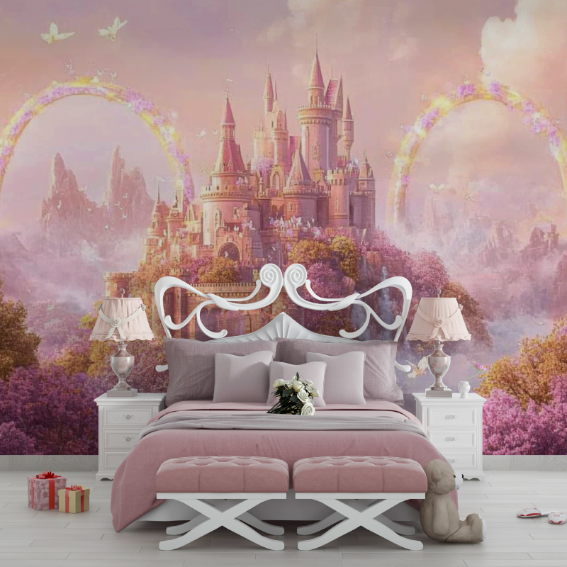 Papier peint chateau arc en ciel chambre filles