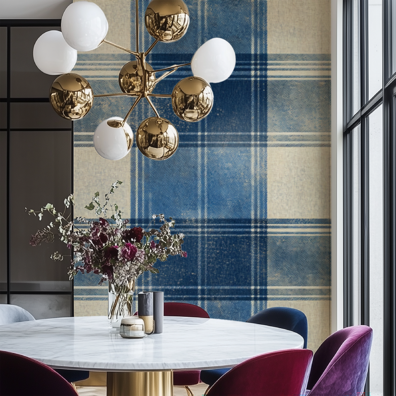 Papier peint vintage tartan bleu salon chaise