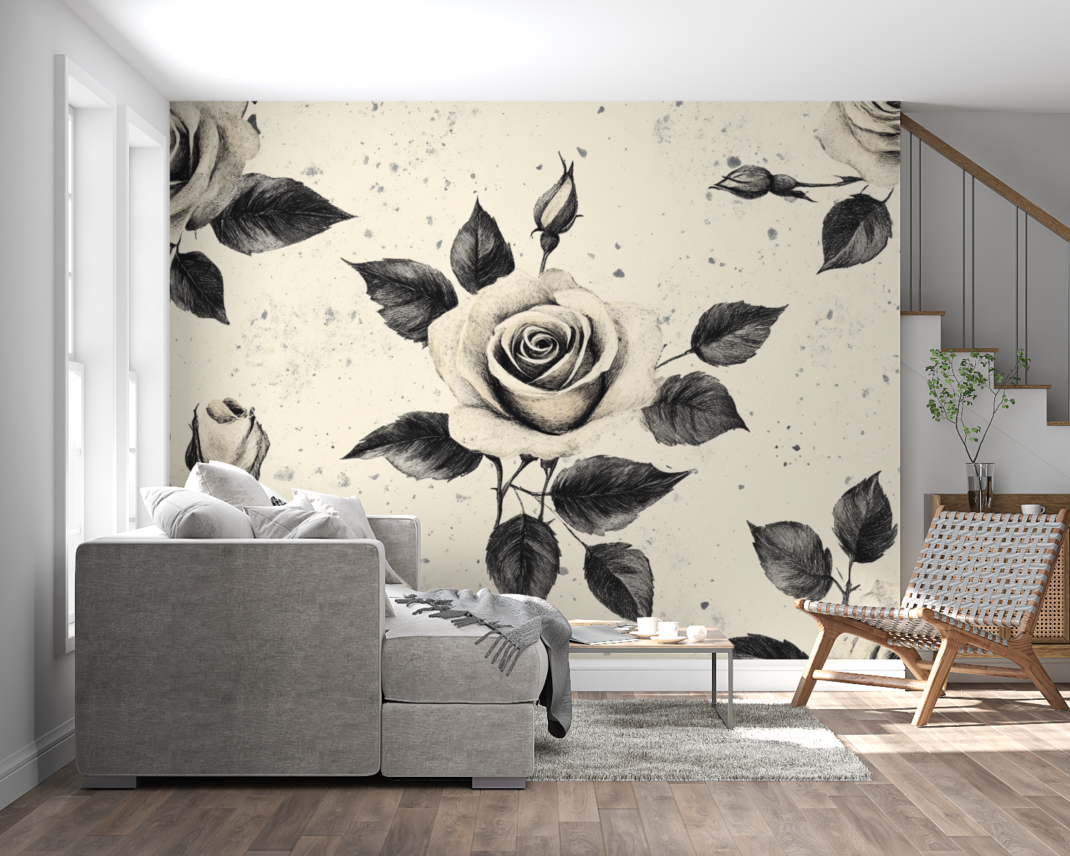 Papier peint aquarelle roses minimalistes panoramique mural