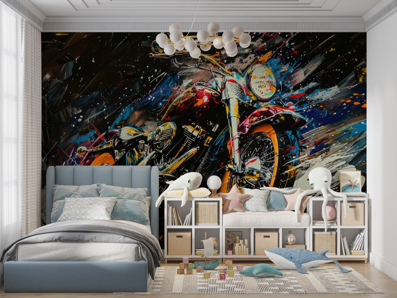 Papier peint moto casque dore dessin panoramique garcon