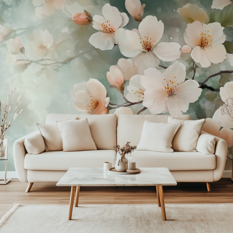 Papier peint fleur de sakura canape simple