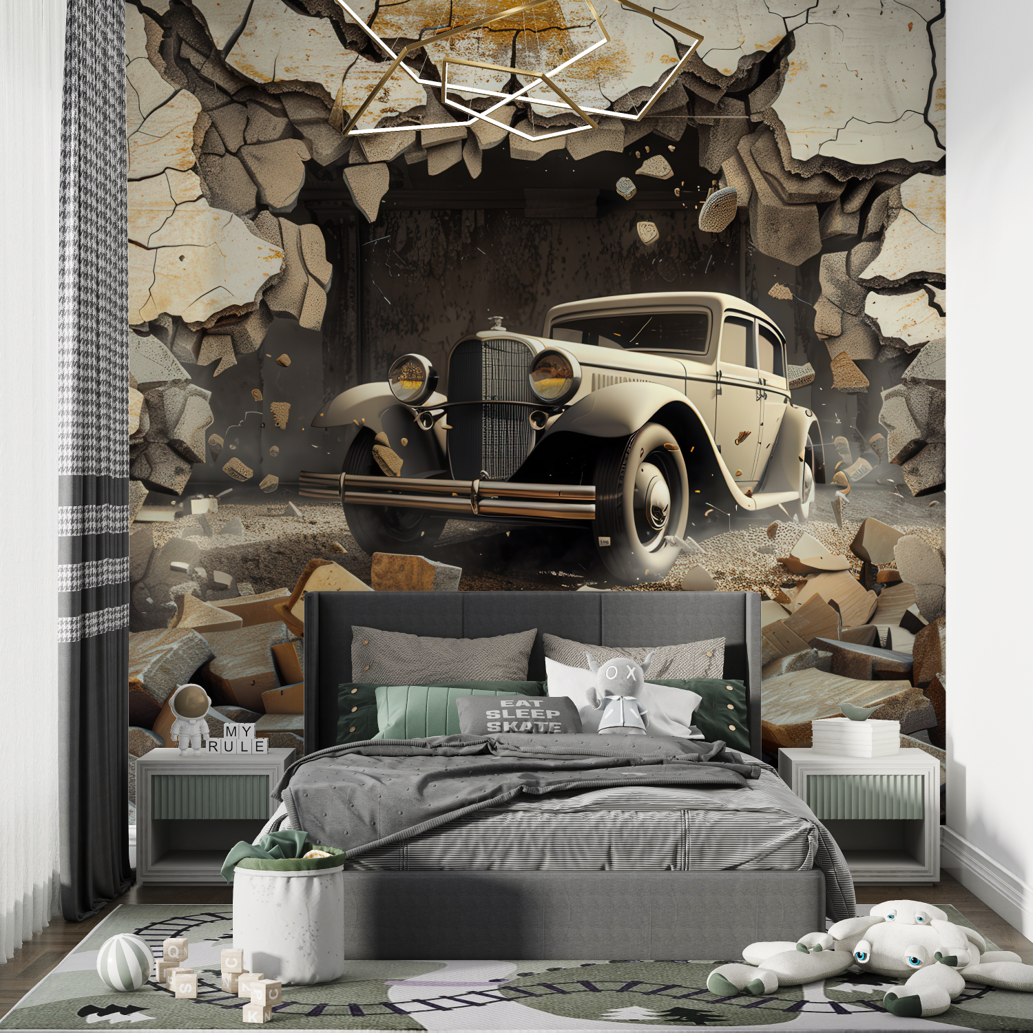 Papier peint trompe loeil voiture chambre de garcon