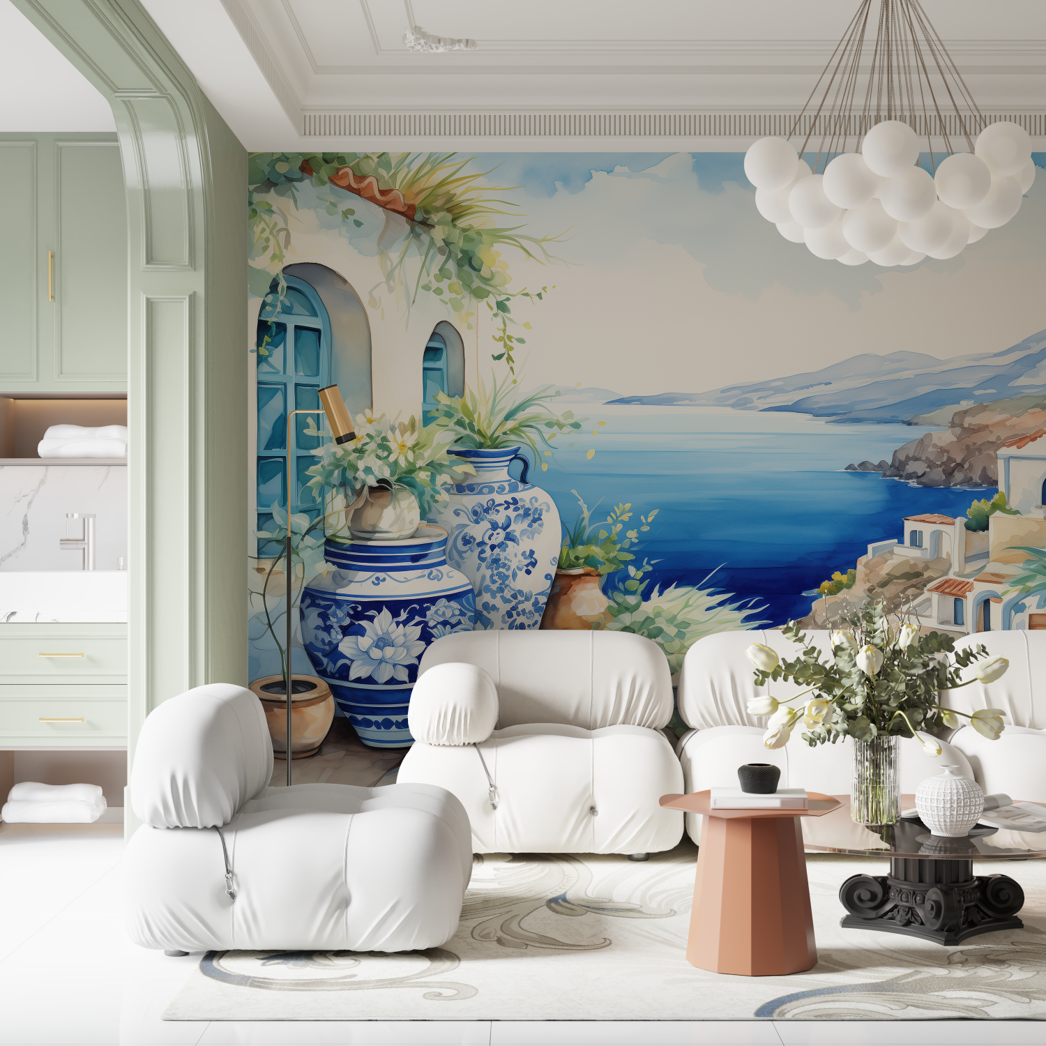 Papier peint aquarelle paysage grece contemporain