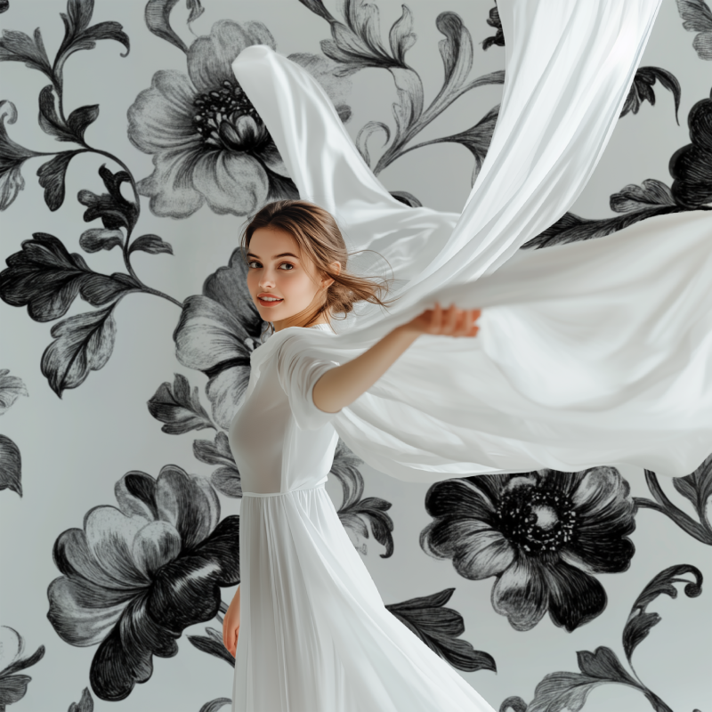 Papier peint fleurs vintage noir et blanc modele