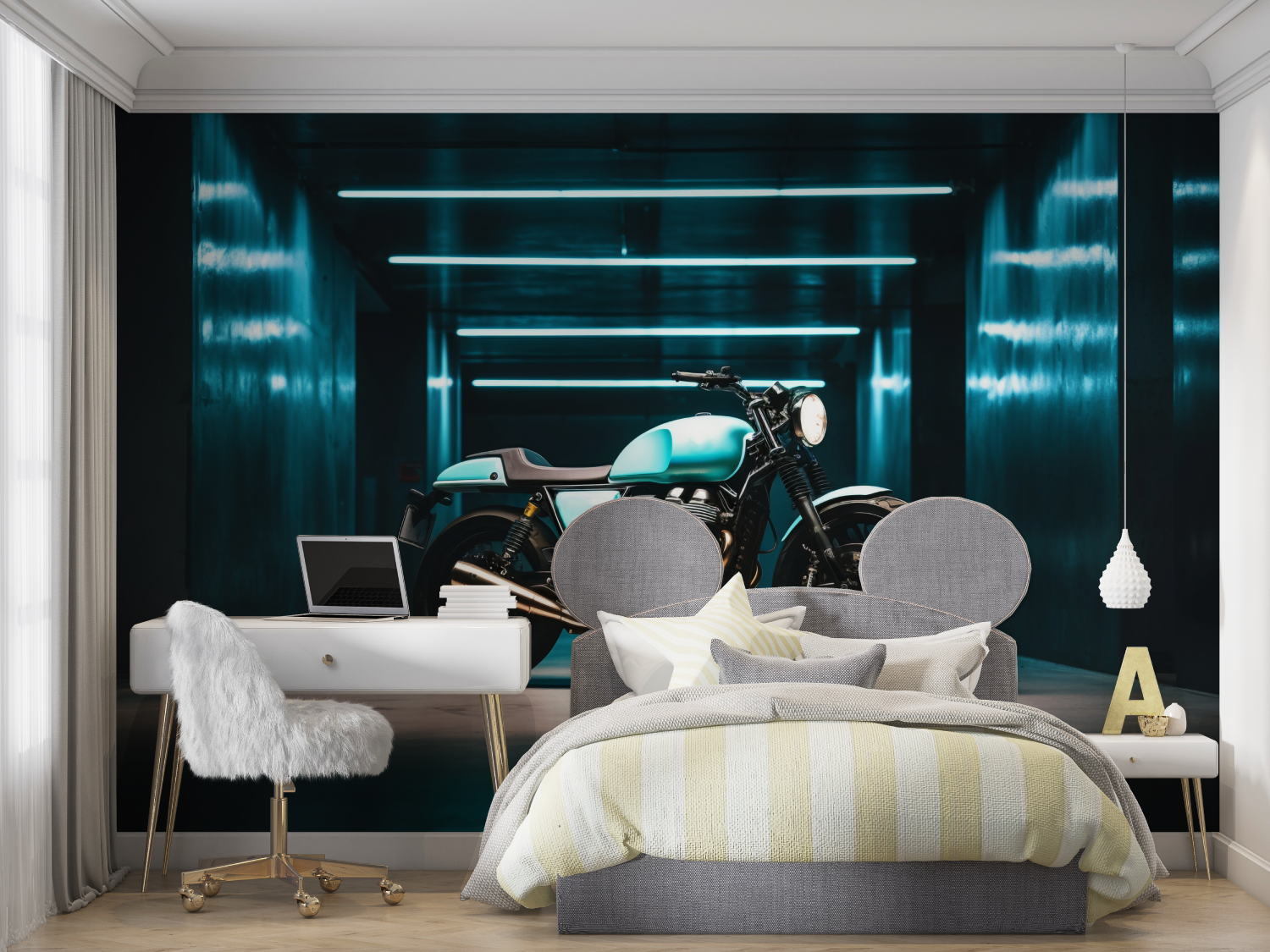 Papier peint moto ton bleu mur chambre panoramique