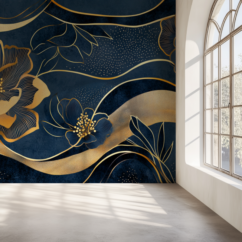 Papier peint fleur graphique deco bleu mur simple