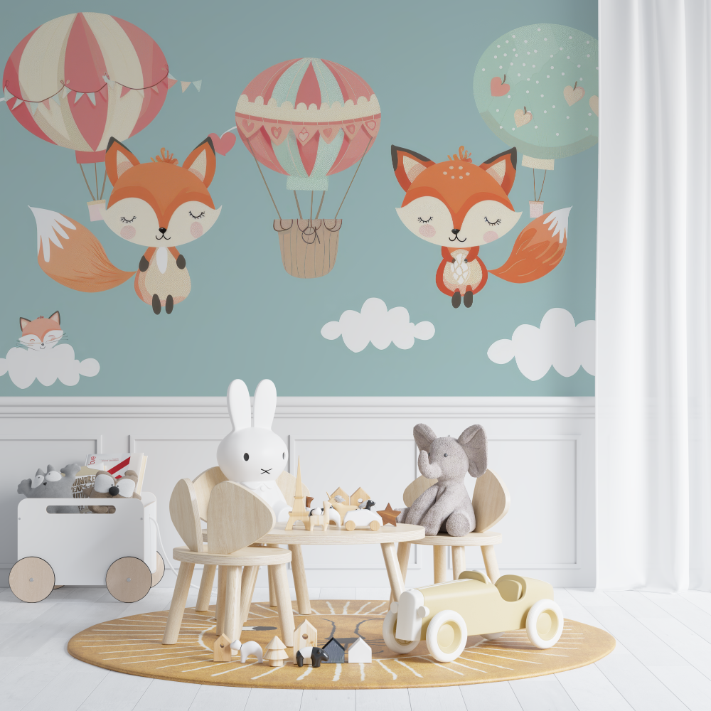 Papier peint renard et montgolfiere chambre de bebe