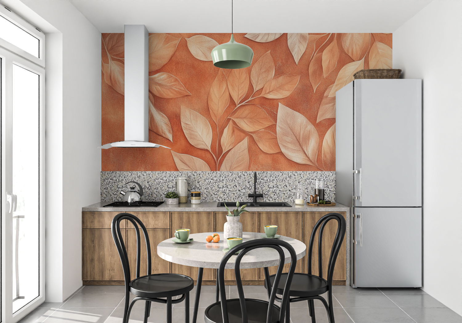 Papier peint terracotta et feuilles dorees mur cuisine