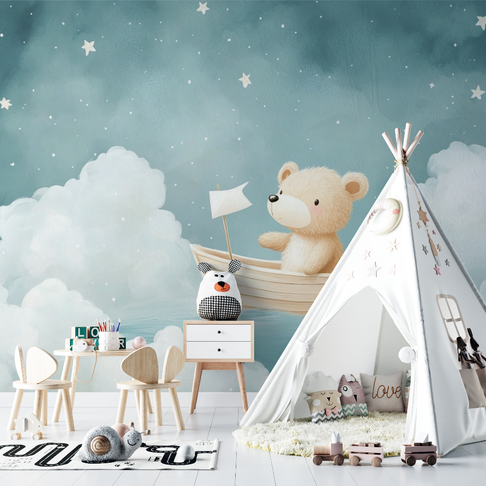 Papier peint marin ours et bateau chambre bebe