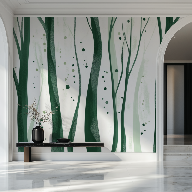Papier peint arbre stylise vert et blanc salon beau