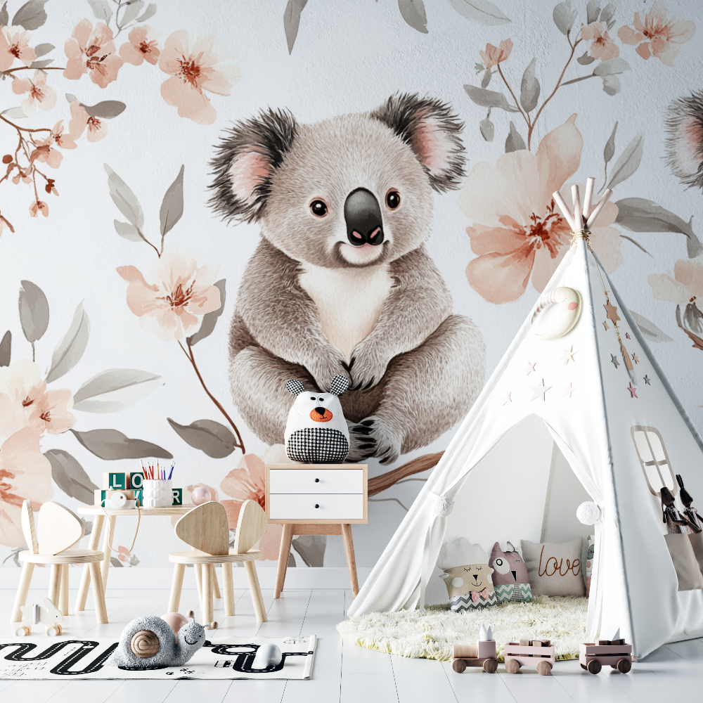 Papier peint koala et fleurs de coton chambre bebe