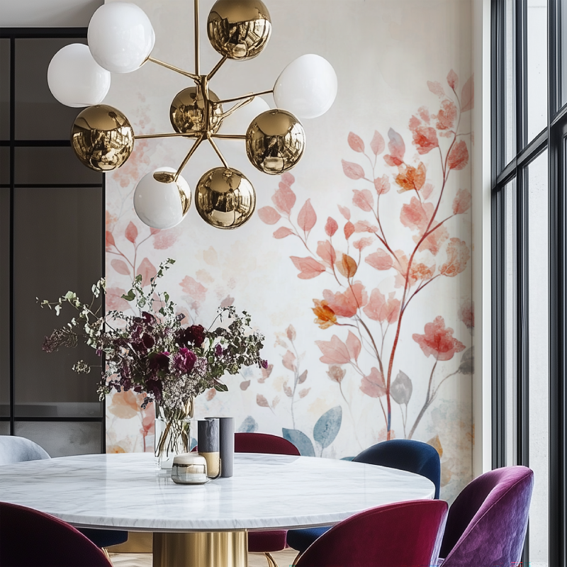 Papier peint arbre en fleurs salon chaise