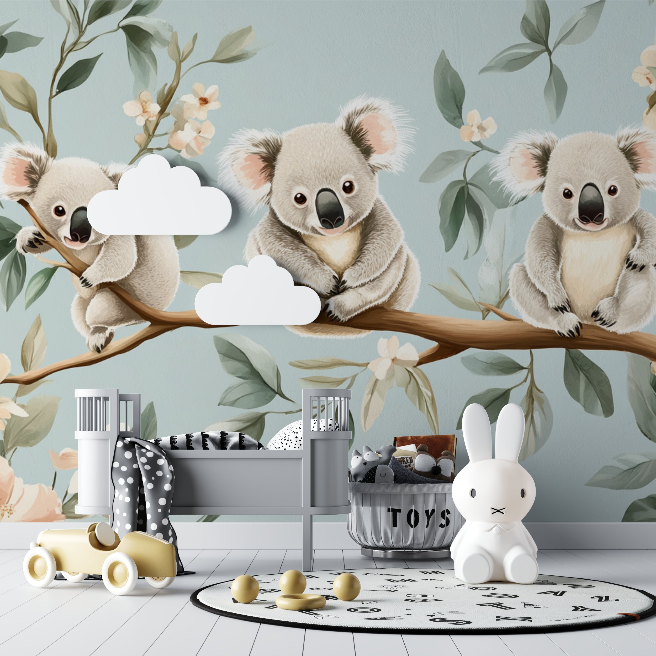 Papier peint koala sur une balancoire florale bebe tipi