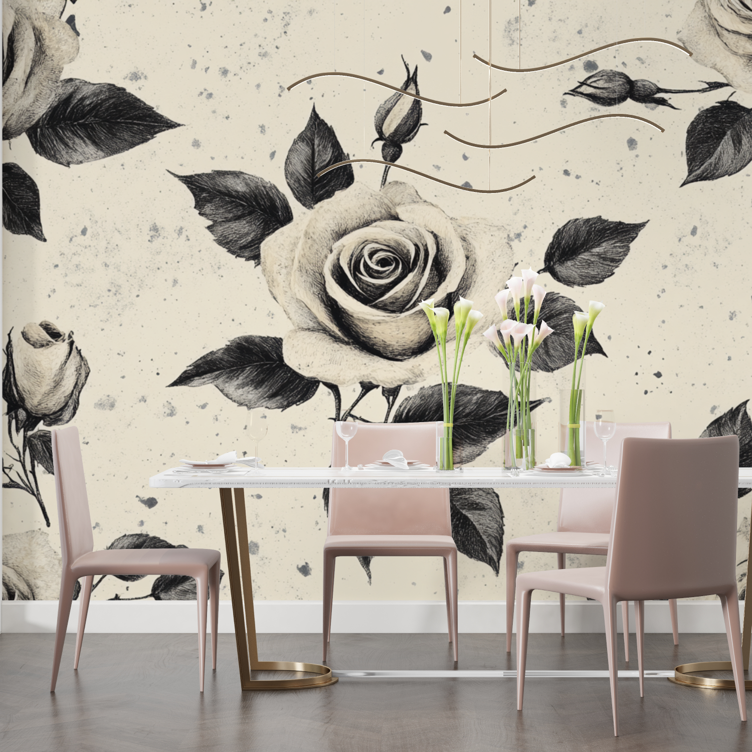 Papier peint aquarelle roses minimalistes salon