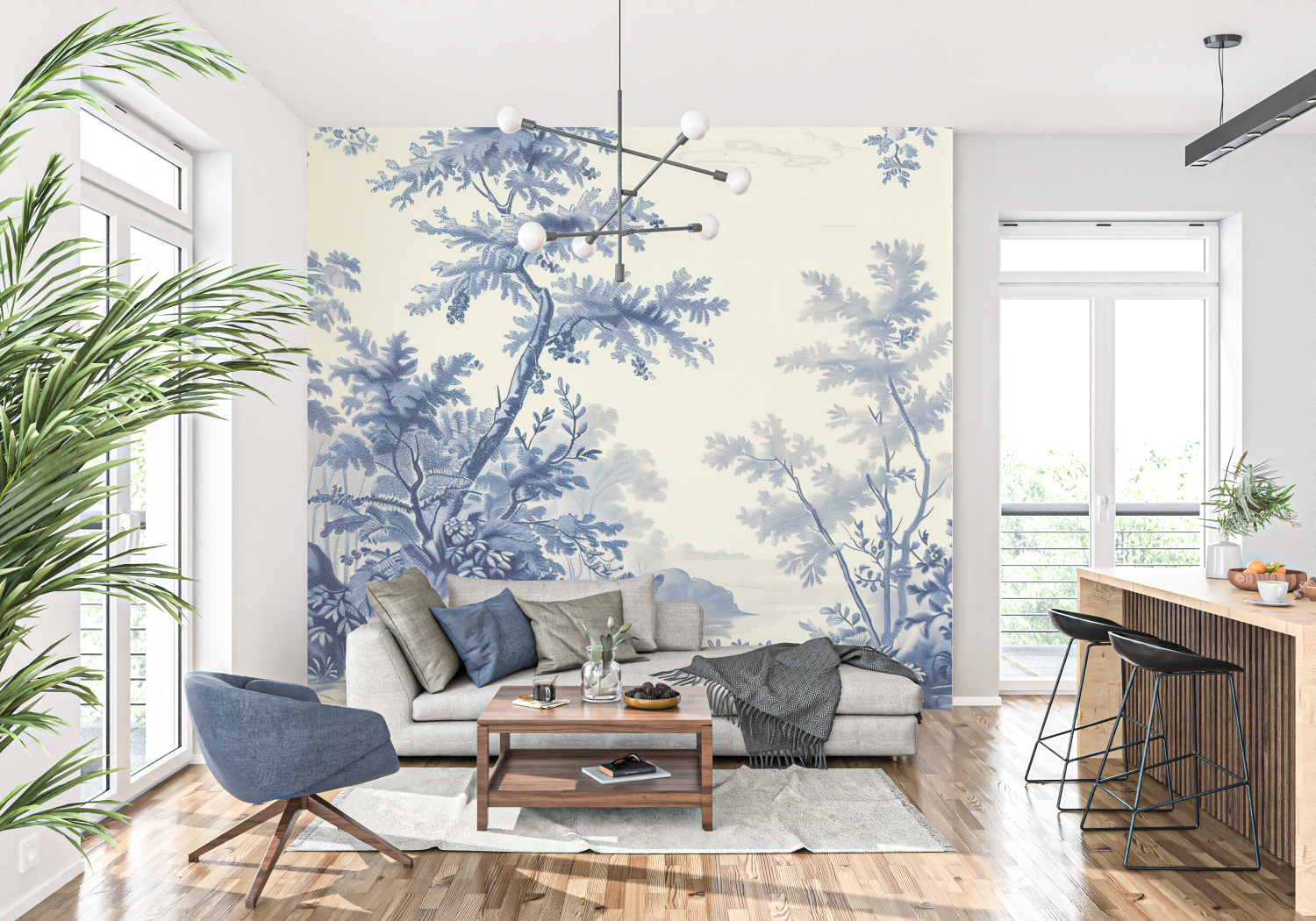 Papier Peint Toile De Jouy Étang Bleu - panoramique tendance