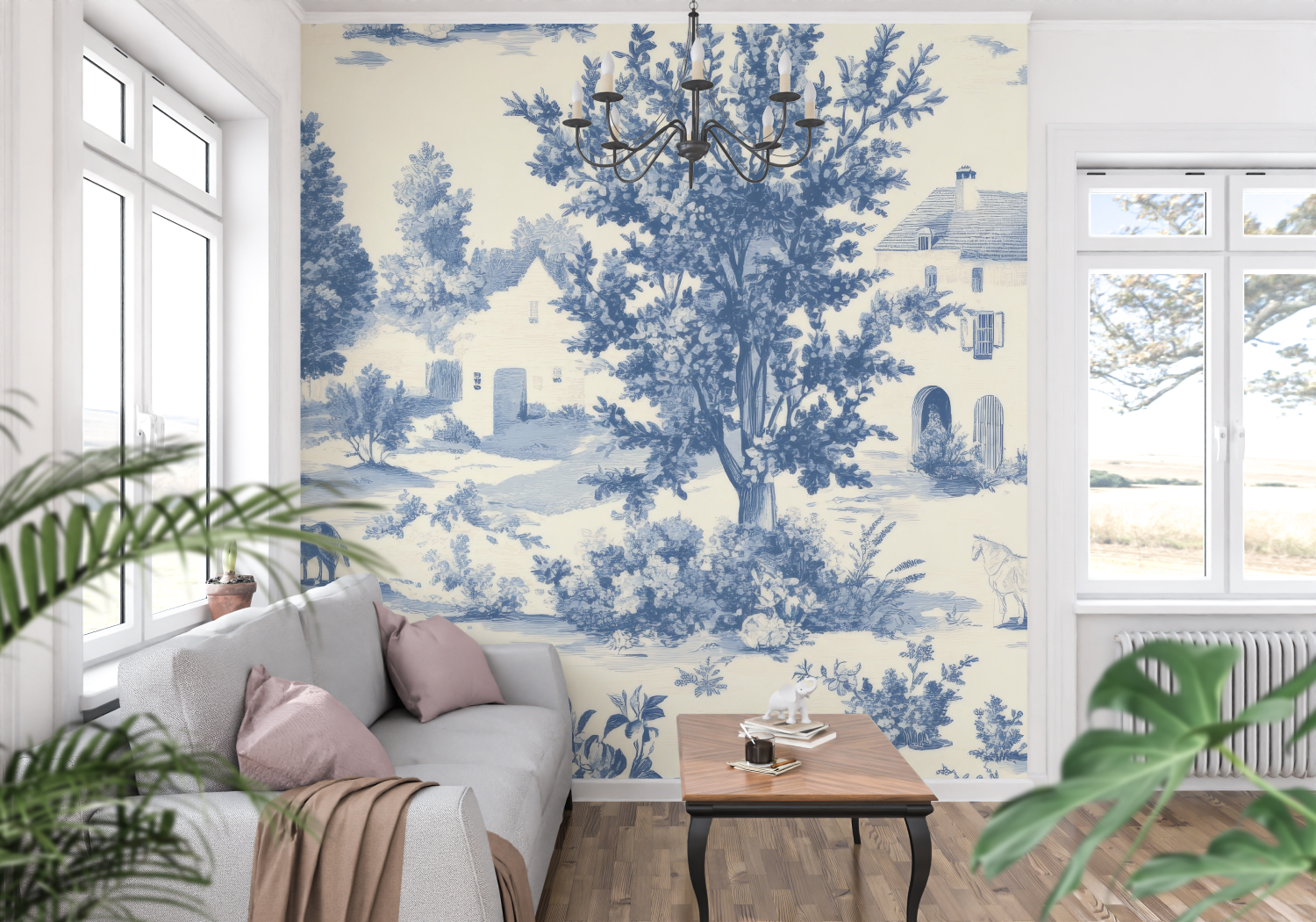 Papier Peint Toile De Jouy Bleu Art - panoramique-mur