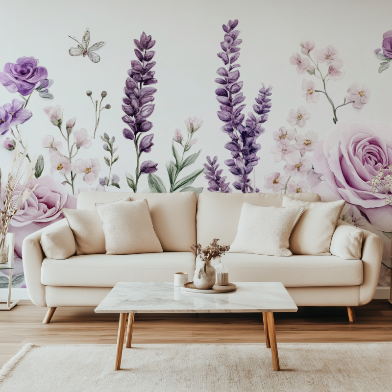 Papier peint fleuri vintage chambre fille canape simple