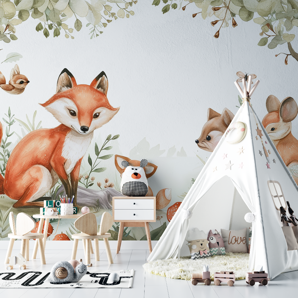 Papier peint renard et animaux de la jungle chambre bebe