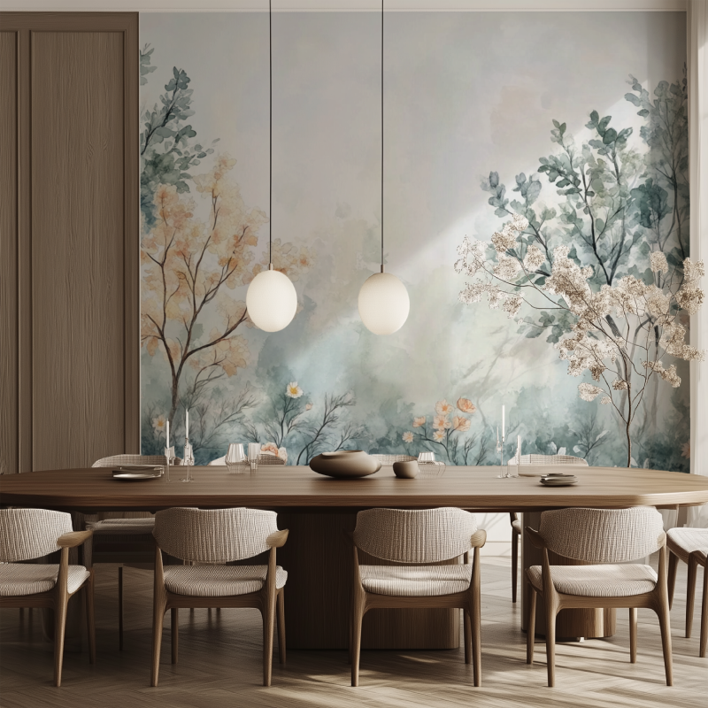 Papier peint fleur et arbre salle manger tendance