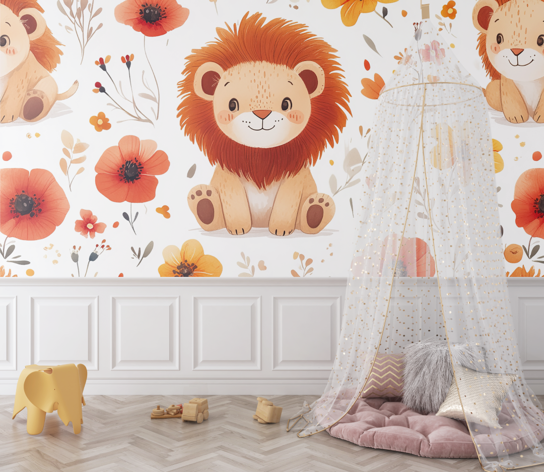 Papier peint lion et fleurs sauvages bebe