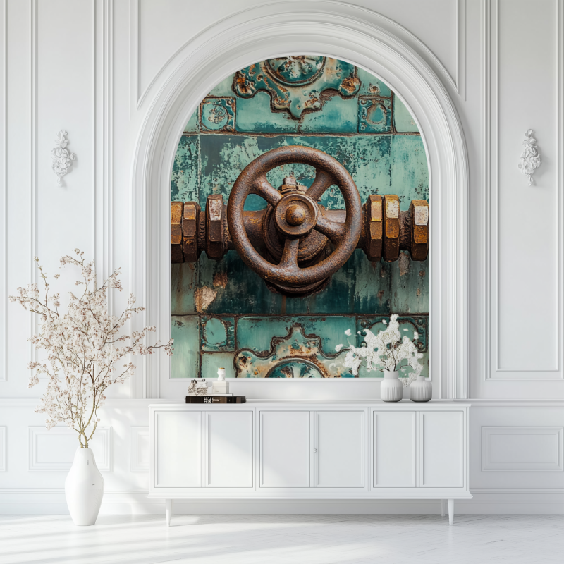 Papier peint vintage motif tuyaux salon blanc