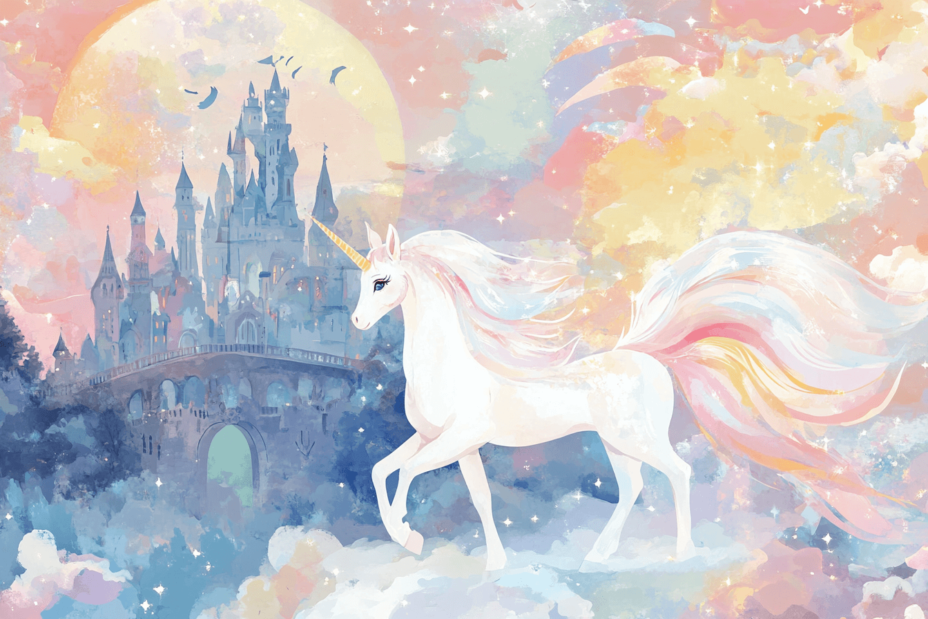 Papier Peint Licorne Château et Arc-en-ciel