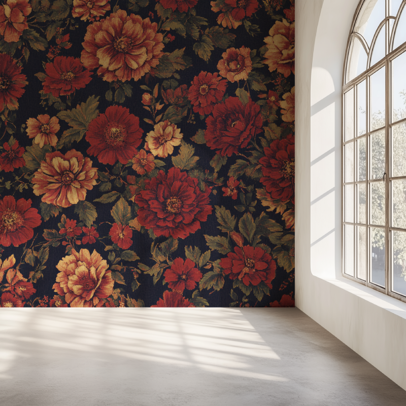 Papier peint vintage fleurs rouges mur simple