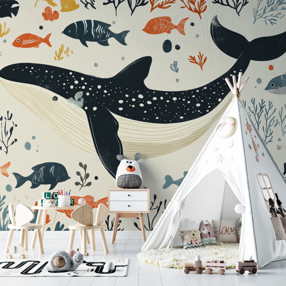 Papier peint marin poisson baleine beige chambre bebe