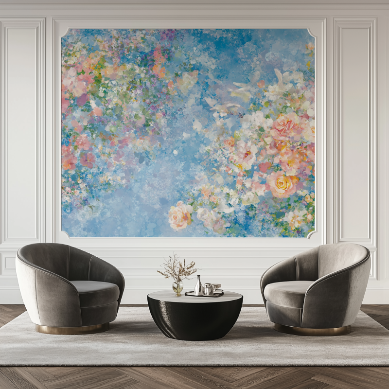 Papier peint fleur et oiseua salon tapis