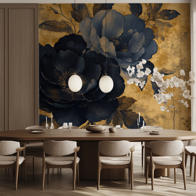 Papier peint noir moutarde bleu...tage salle manger tendance