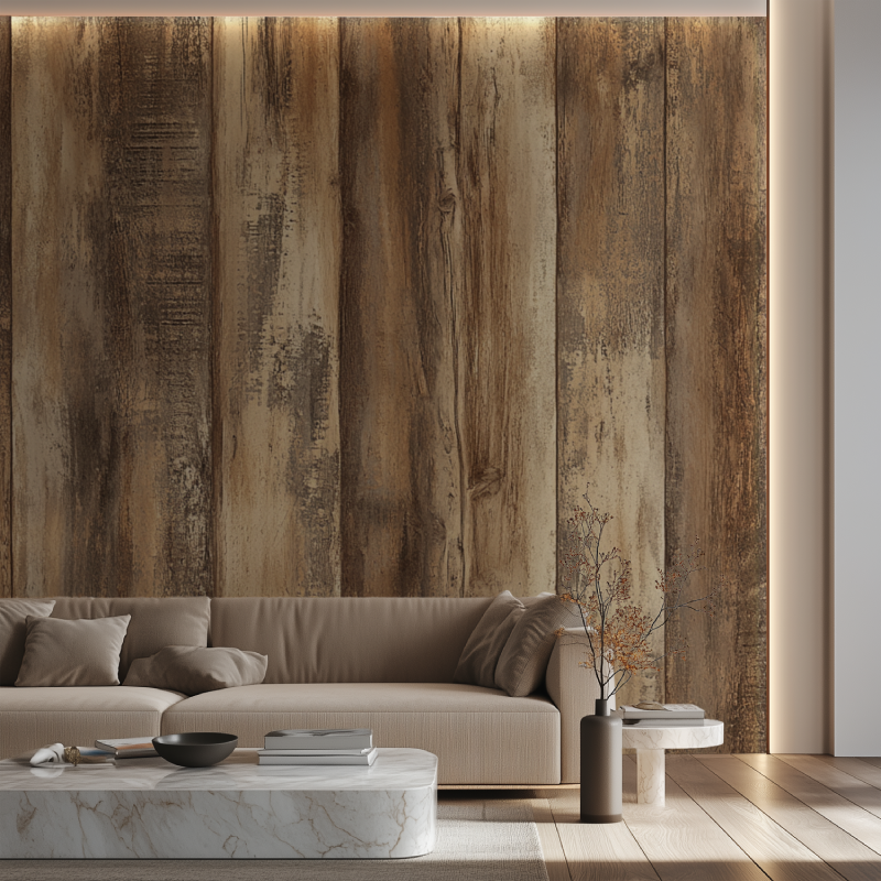 Papier peint trompe loeil imitation bois canape neon