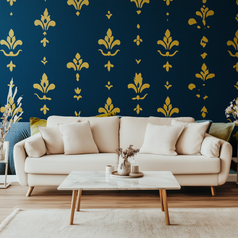 Papier peint fleur de lys jaune...nds bleu roi canape simple