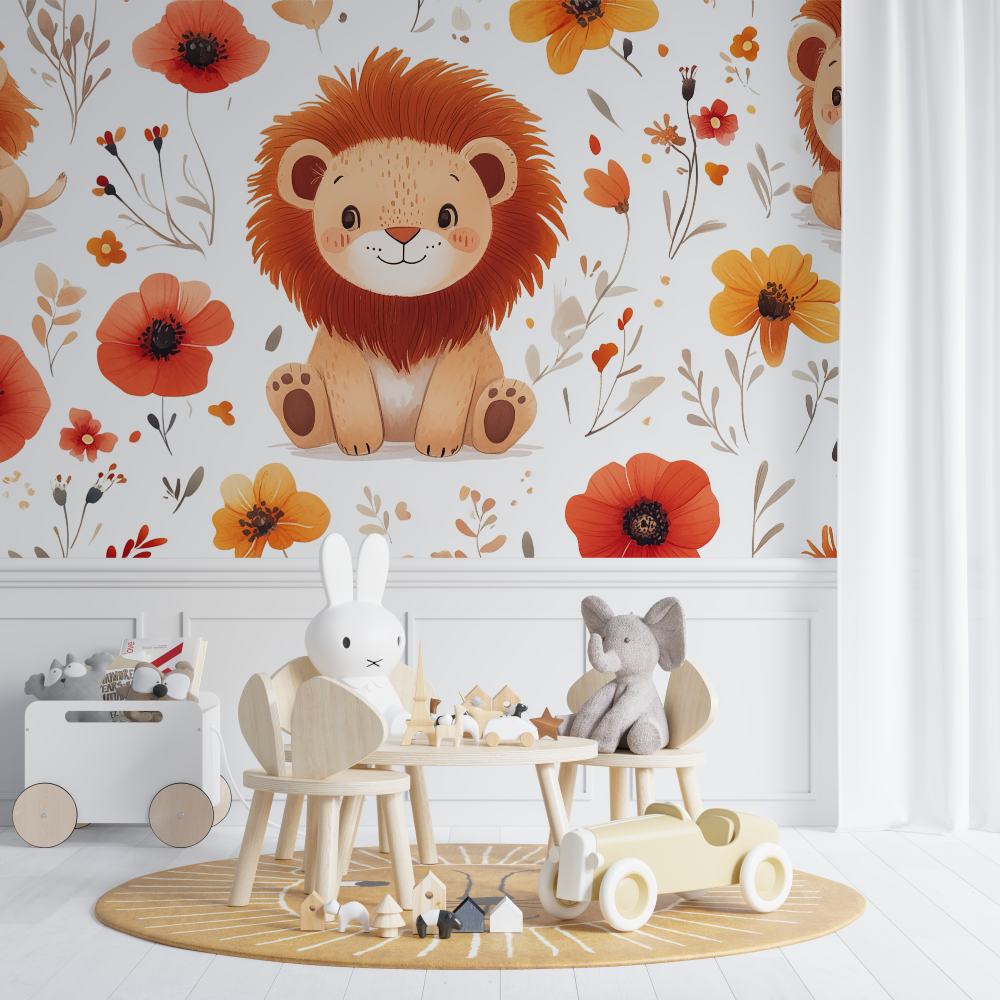 Papier peint lion et fleurs sauvages chambre de bebe