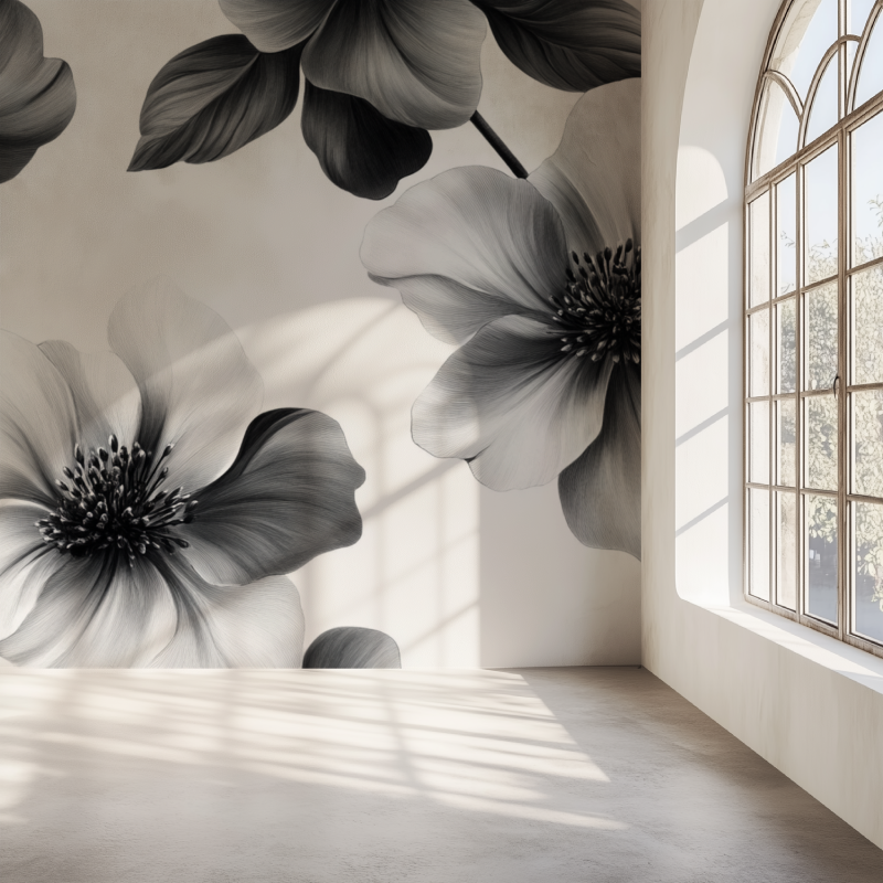 Papier peint fleur noir dessinee mur simple