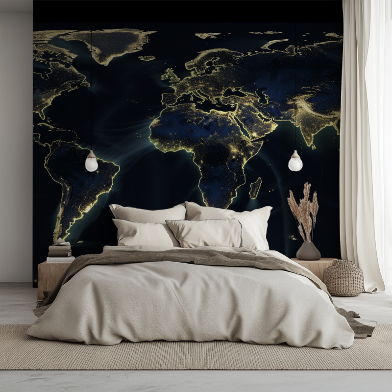 Papier peint carte du monde bleu et dore lit 1234