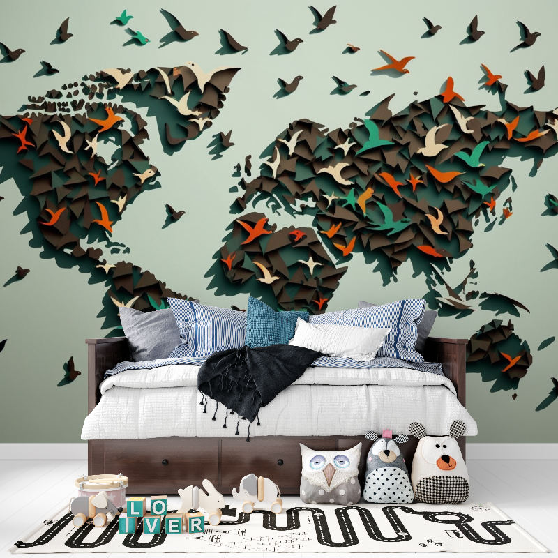 Papier peint origami carte du monde tapisserie pour ado